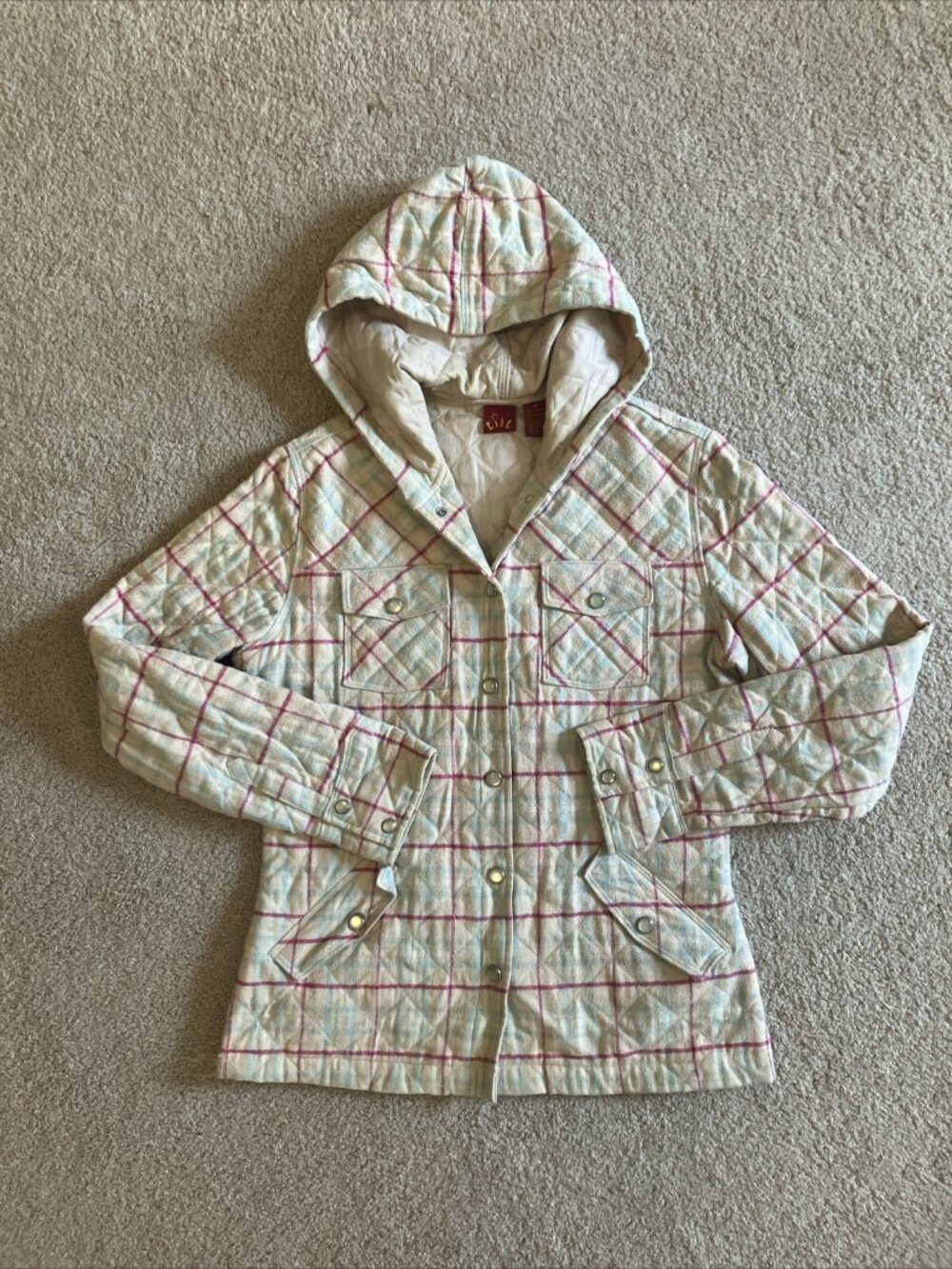 EUC Tilt Quilted Coat Jacket Juniors Medium Blue Pink Plaid Snap